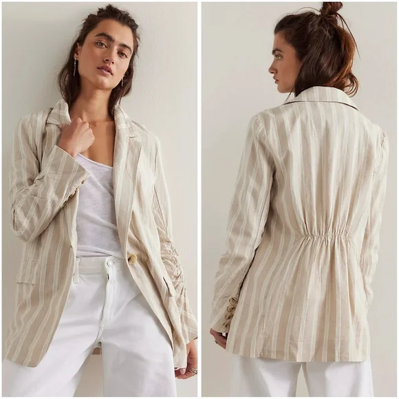NWT Free People Linen Blend Fern Relaxed Oversized Blazer Dusty Beige Sm… - Picture 2 of 12